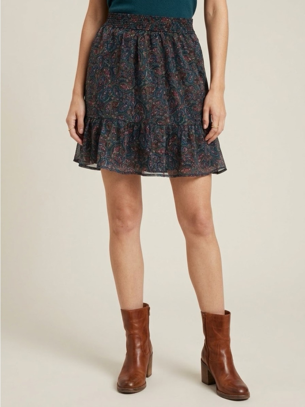 LOFT Shimmer Paisley Tiered Mini Skirt Elastic Waist Pull On Size Large NWT